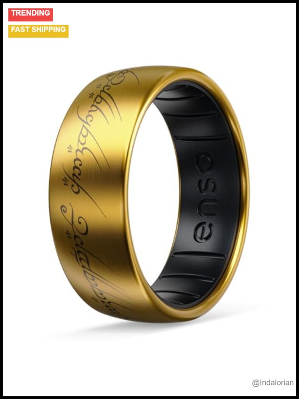 18K Gold Plated Brass Titanium Etched LOTR Hybrid Ring Silicone Band